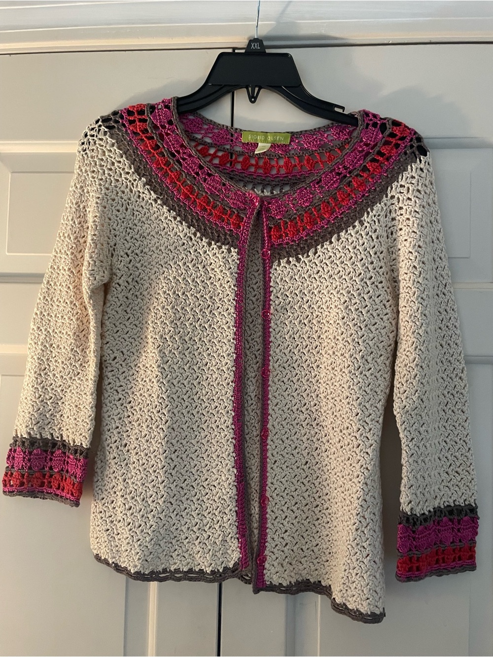 Hand-Crocheted Cream Sweater with Pink & Red Trim